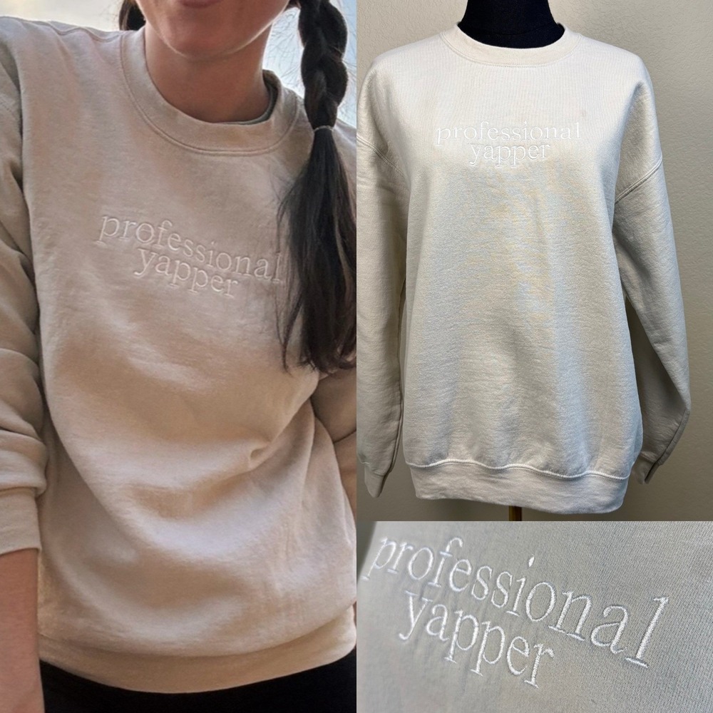 Professional Yapper Crewneck Sweatshirt, Embroidered‎ Beige
